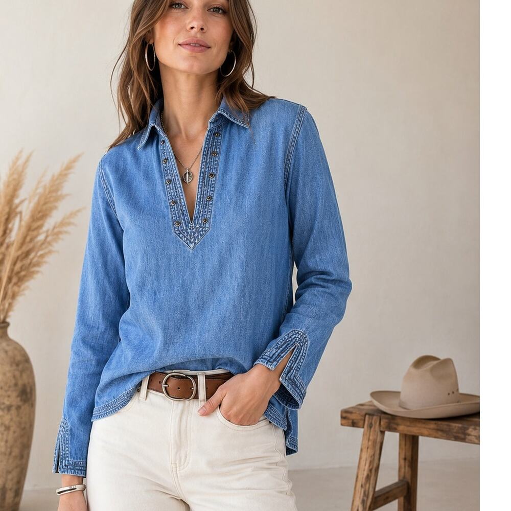 Ann Taylor Denim Shirt Embroidered Boho Western Button Front Cotton Top P4